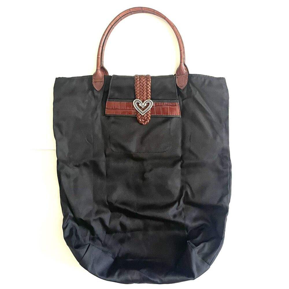 Brighton Silver Heart Brown Leather Handles Black Nylon Long Tote Bag